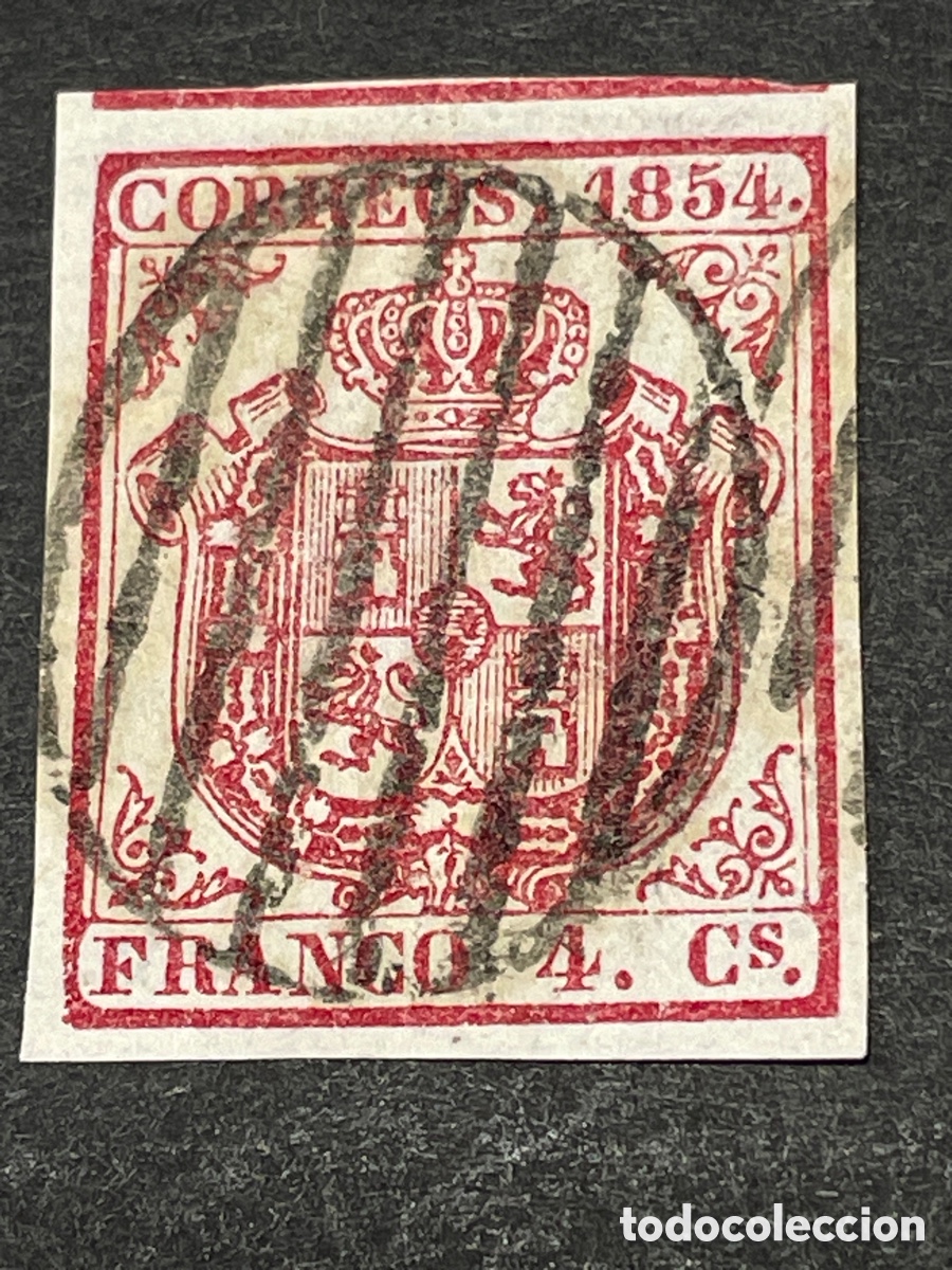 Sellos: Edifil 33 Escudo Espa&ntilde;a 4 cuartos, usado parrilla , grandes m&aacute;rgenes