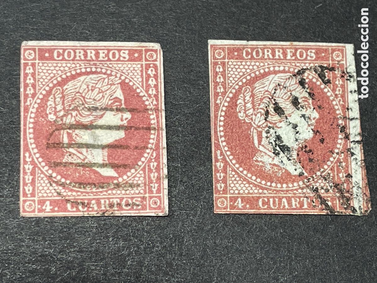 Sellos: Edifil 40 y 48 Isabel II 4 cuartos, dos sellos usados, parrilla