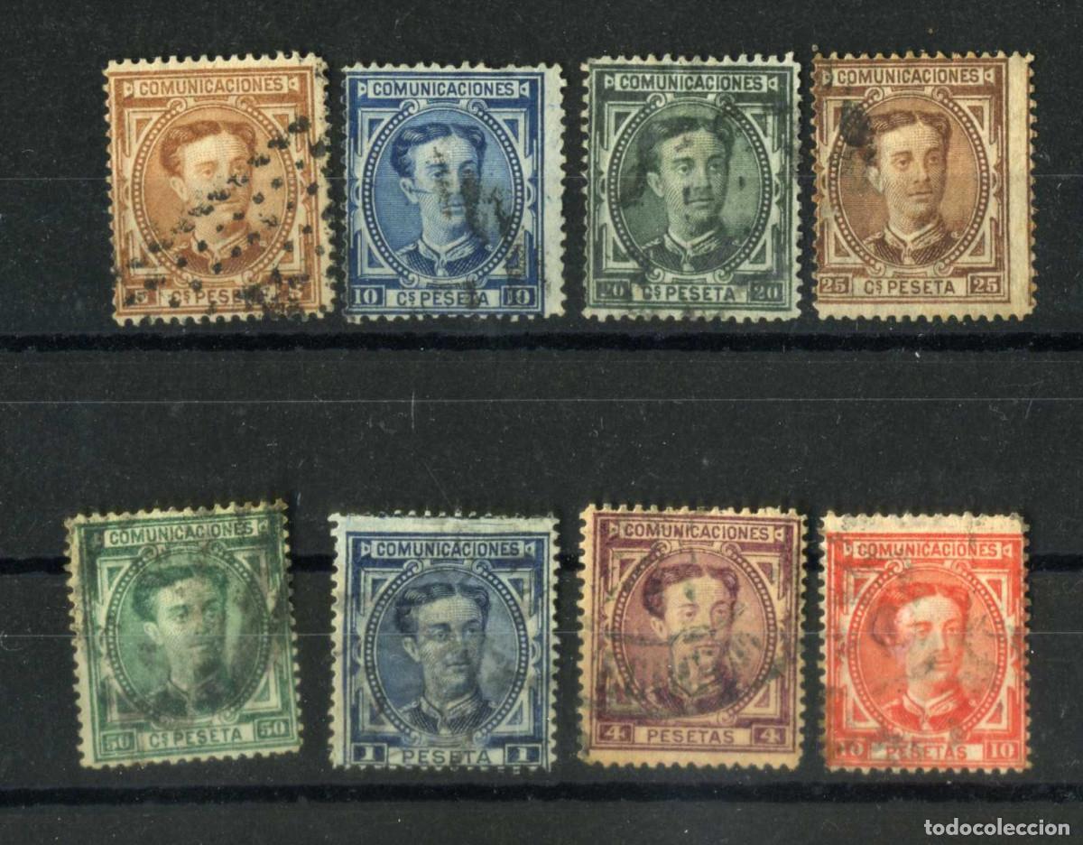 Sellos: XS- ALFONSO XII 1876 Lote de 8 valores. 4 y 10 Pesetas con taladro reparado