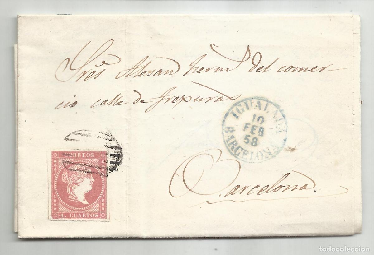 Sellos: CIRCULADA y escrita NEGOCIOS JABON 1858 de BARCELONA A IGUALADA edifil 48