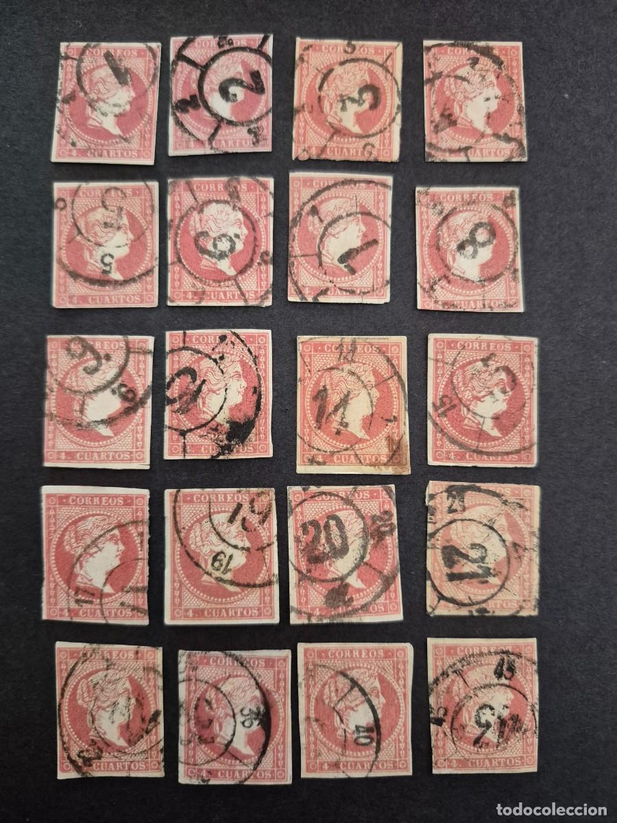 Francobolli: Espa&ntilde;a 1855 - Isabel II, 4 cuartos, 20 usados rueda de carreta diferentes (Edifil 48A &ordm; x 20)