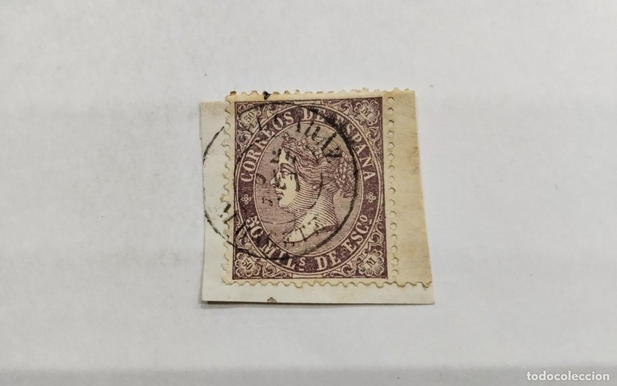 Francobolli: ESPA&Ntilde;A - 1868 - ISABEL II - EDIFIL 98 - BORDE HOJA SOBRE FRAGMENTO - FECHADOR