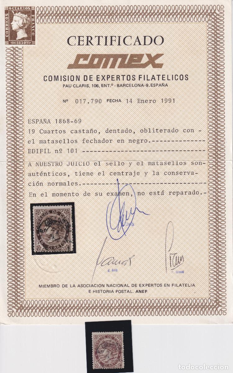 Sellos: ESPA&Ntilde;A - ISABEL II N&ordm; 101 - A&Ntilde;O 1868 - CERTIFICADO GRAUS