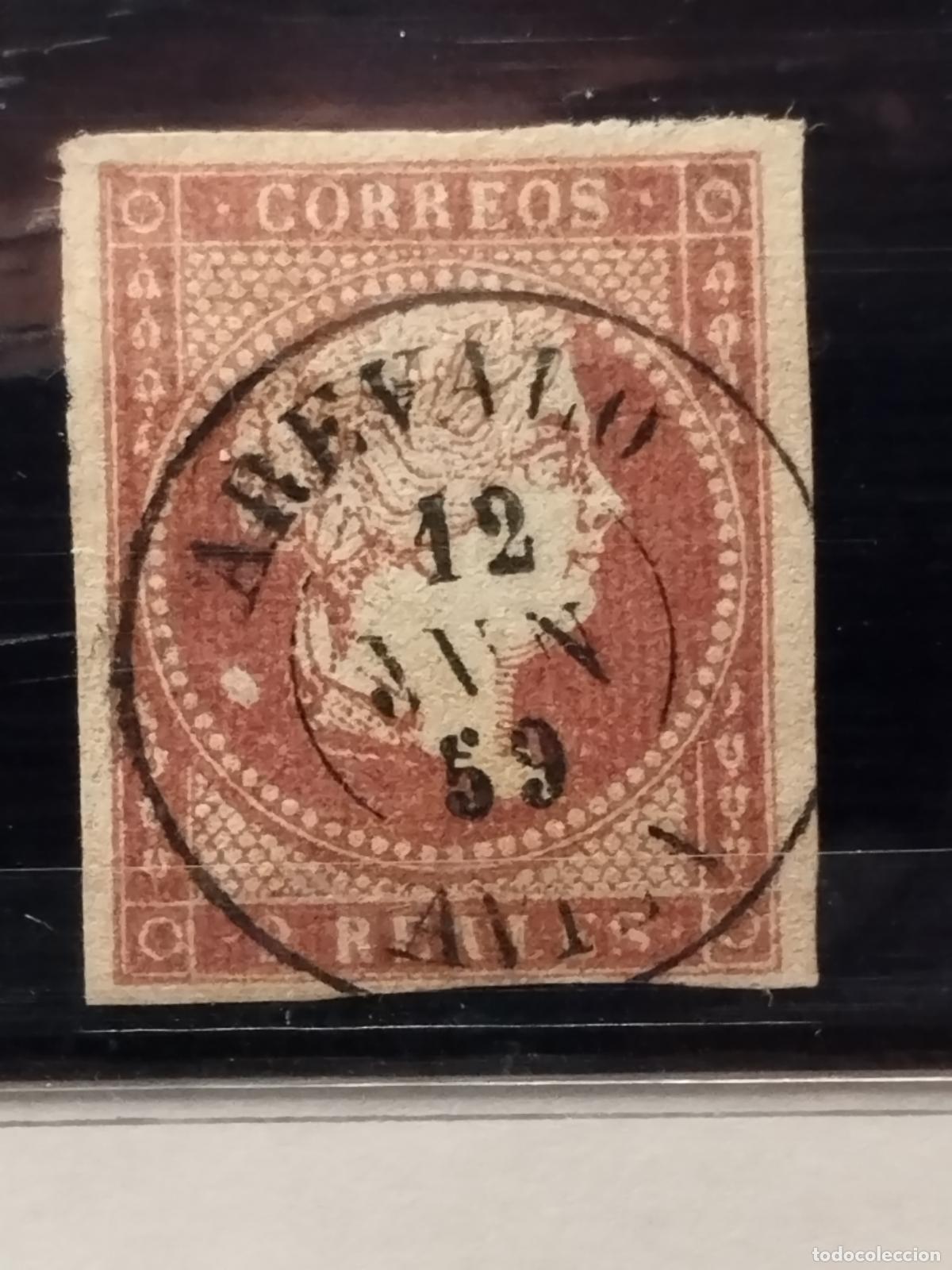 Sellos: JT - ESPA&Ntilde;A - EDIFIL 50. 2 REALES. FECHADOR DE AREVALO. AVILA. LUJO TANTO SELLO COMO FECHADOR.