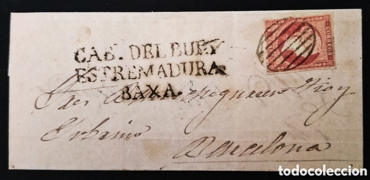 Sellos: ESPA&Ntilde;A. (Cat. 48). 1857-59. Cubierta. Franqueo 4 Ctos. Marca &rdquo;CABa. DEL BUEY/ESTREMADURA/BAXA&rdquo;. RR.
