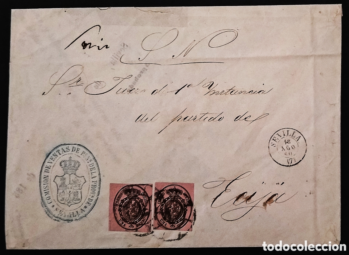 Sellos: ESPA&Ntilde;A. (Cat. 36 (2)). 1860. SEVILLA a ECIJA. DOS 1 Onza. Mat. R. C. 7. Marca administrativa azul
