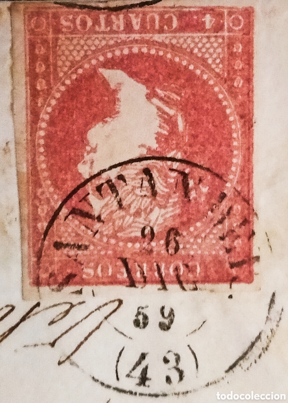 Sellos: ESPA&Ntilde;A. (Cat. 48). 1859. Cubierta de CORREO INTERIOR de SANTANDER. Franqueo 4 CUARTOS. RR