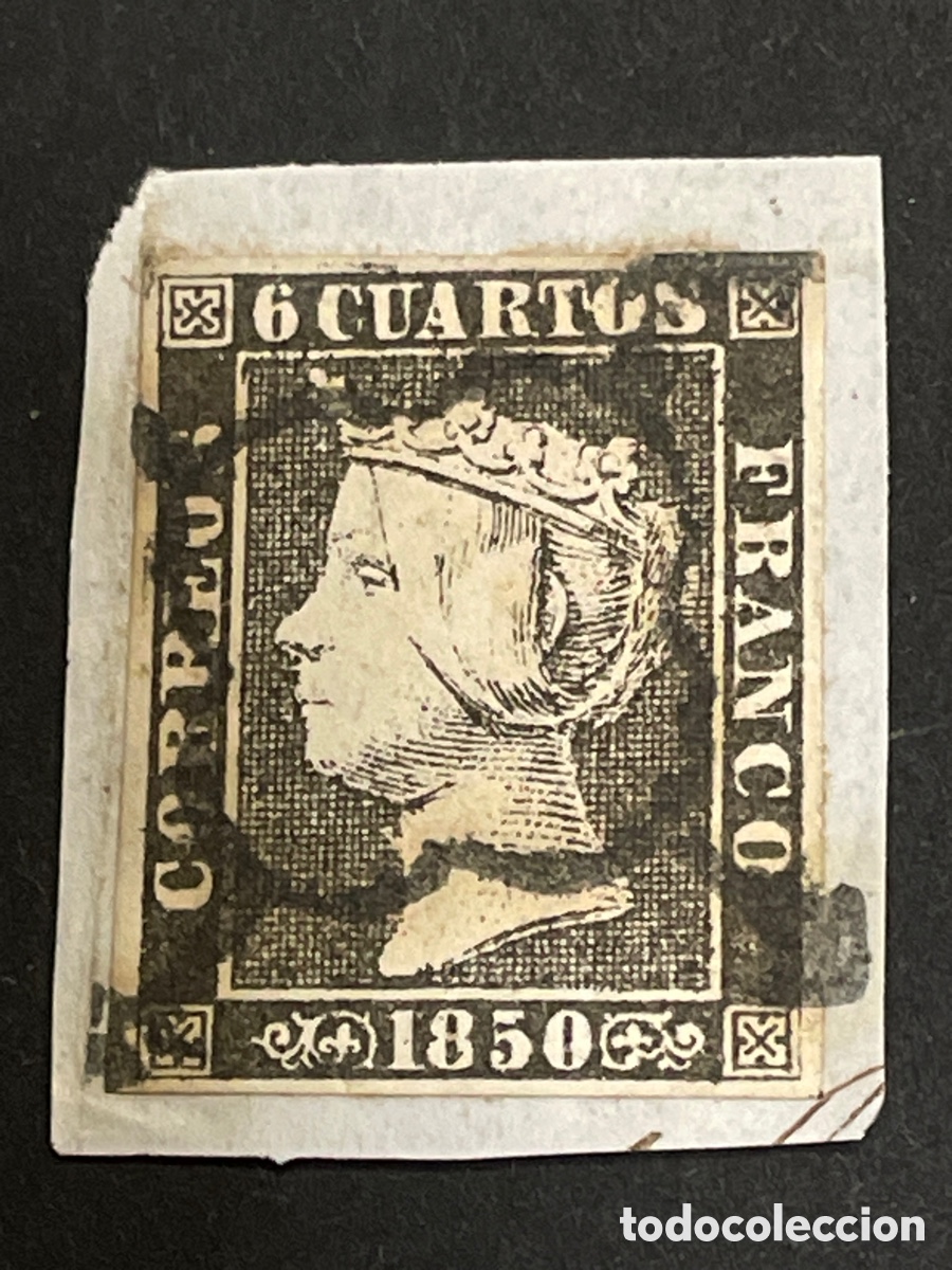 Sellos: Edifil 1A Isabel II 6 cuartos negro, matasellos ara&ntilde;a negra, sobre fragmento, grandes m&aacute;rgenes