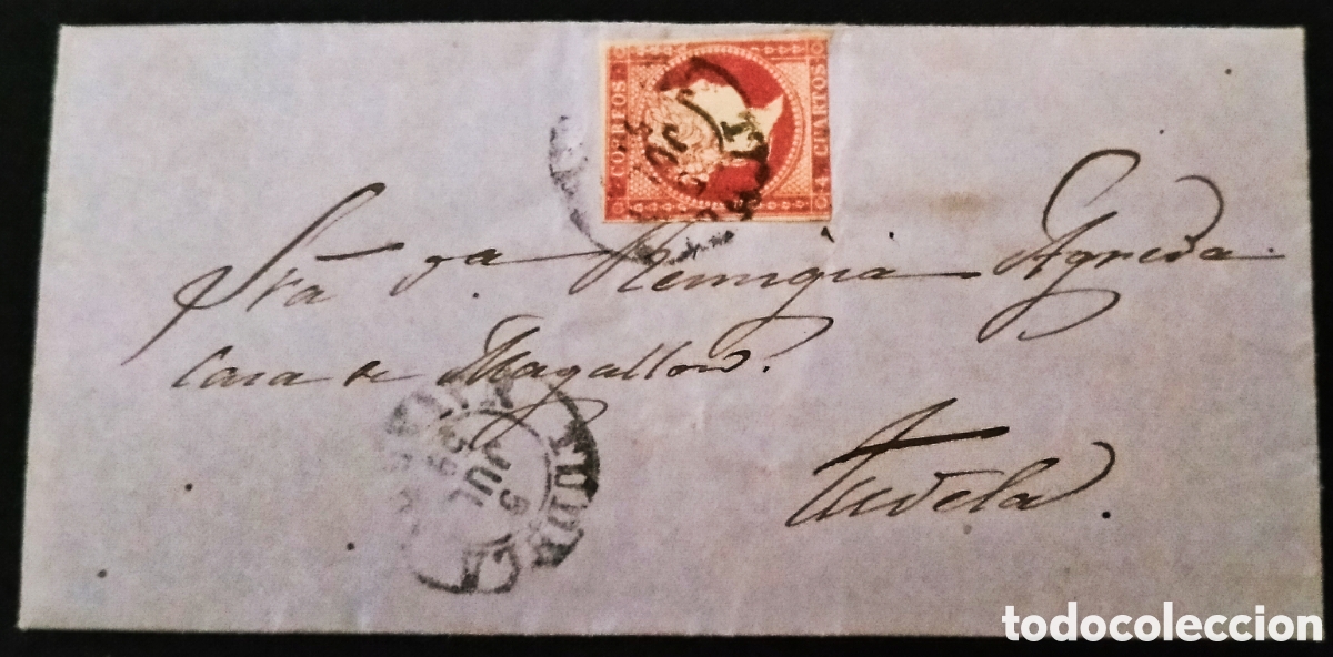 Sellos: ESPA&Ntilde;A(Cat.48)1859. Carta. MONTEAGUDO (Navarra) a TUDELA. 4 Ctos. RARA CONDUCCI&Oacute;N. Texto interesante