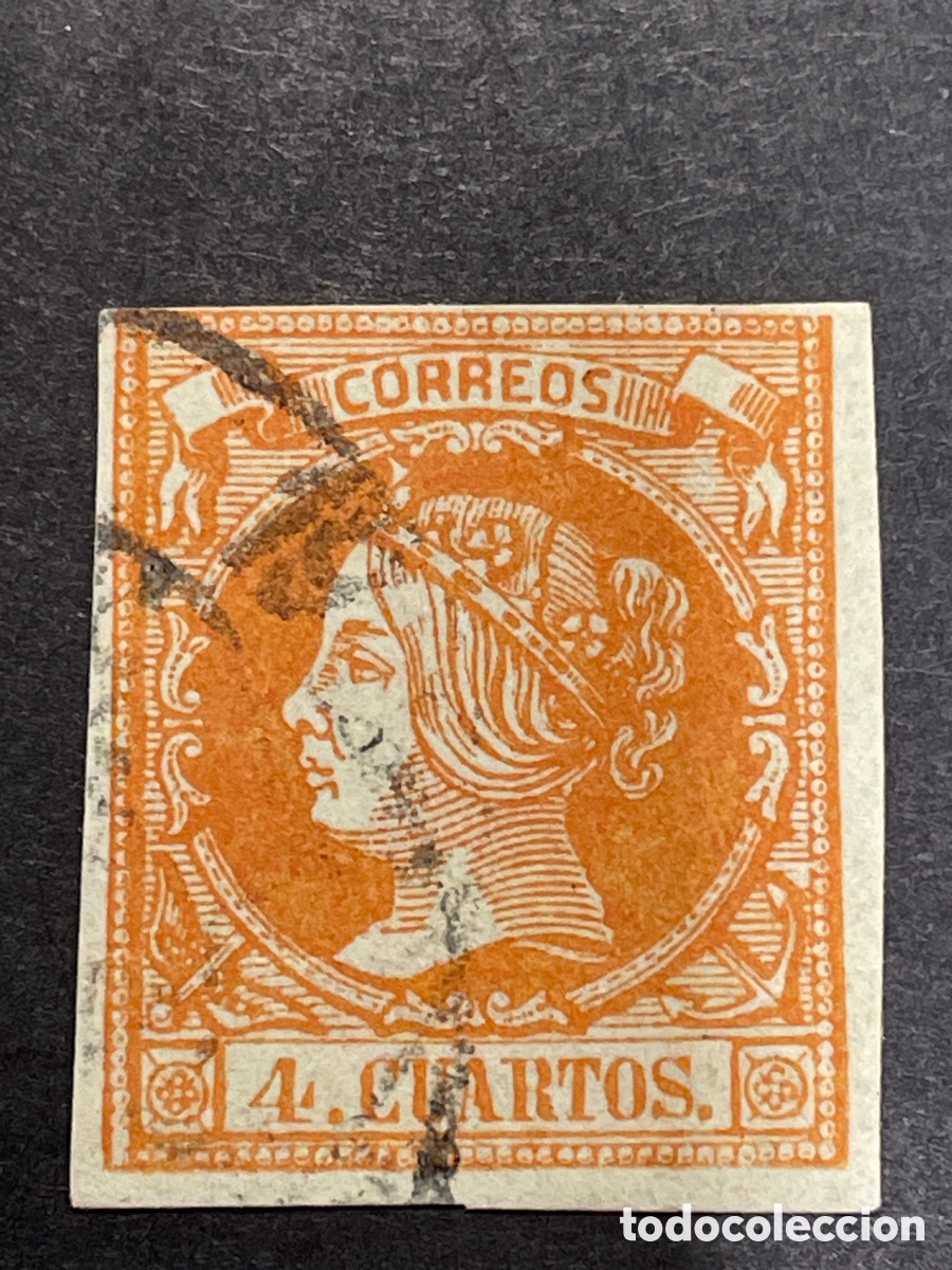 Sellos: Edifil 52 Isabel II matasellos rueda carreta 19 BADAJOZ