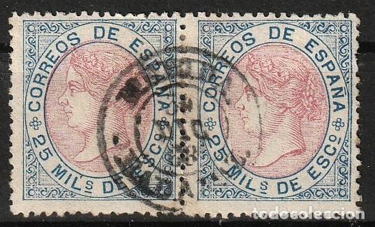 Selos: Espa&ntilde;a edf n&ordm;95 Azul y rosa 25m.Usados.En pareja.Ejemplar firmado.Cifras e Isabel II.1867