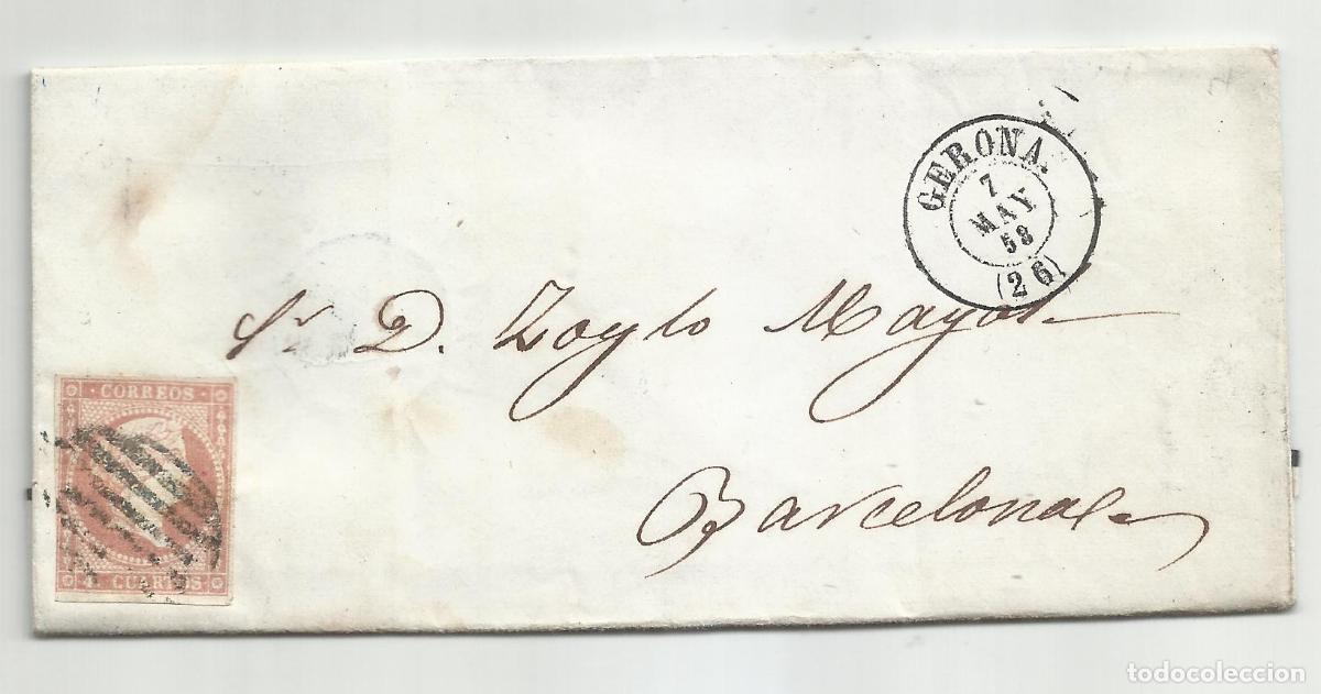 Sellos: CIRCULADA y escrita manda LIBROS 1858 DE GIRONA GERONA A BARCELONA