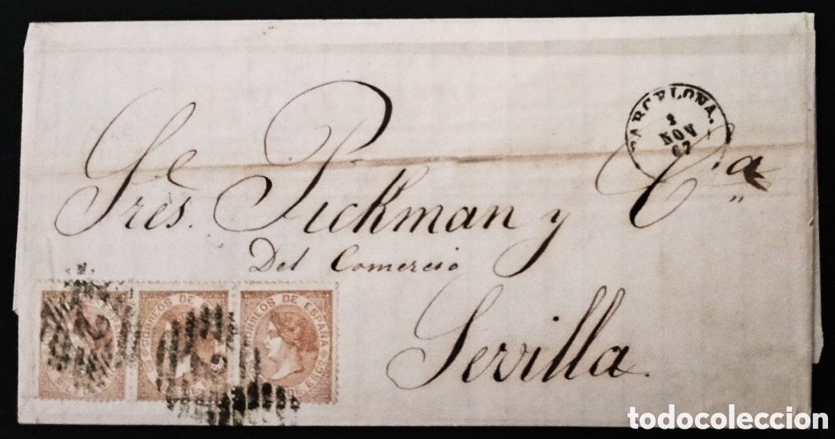 Sellos: ESPA&Ntilde;A. (Cat. 96 (3)). 1867. Carta de BARCELONA a SEVILLA. Franqueo TRES PORTES