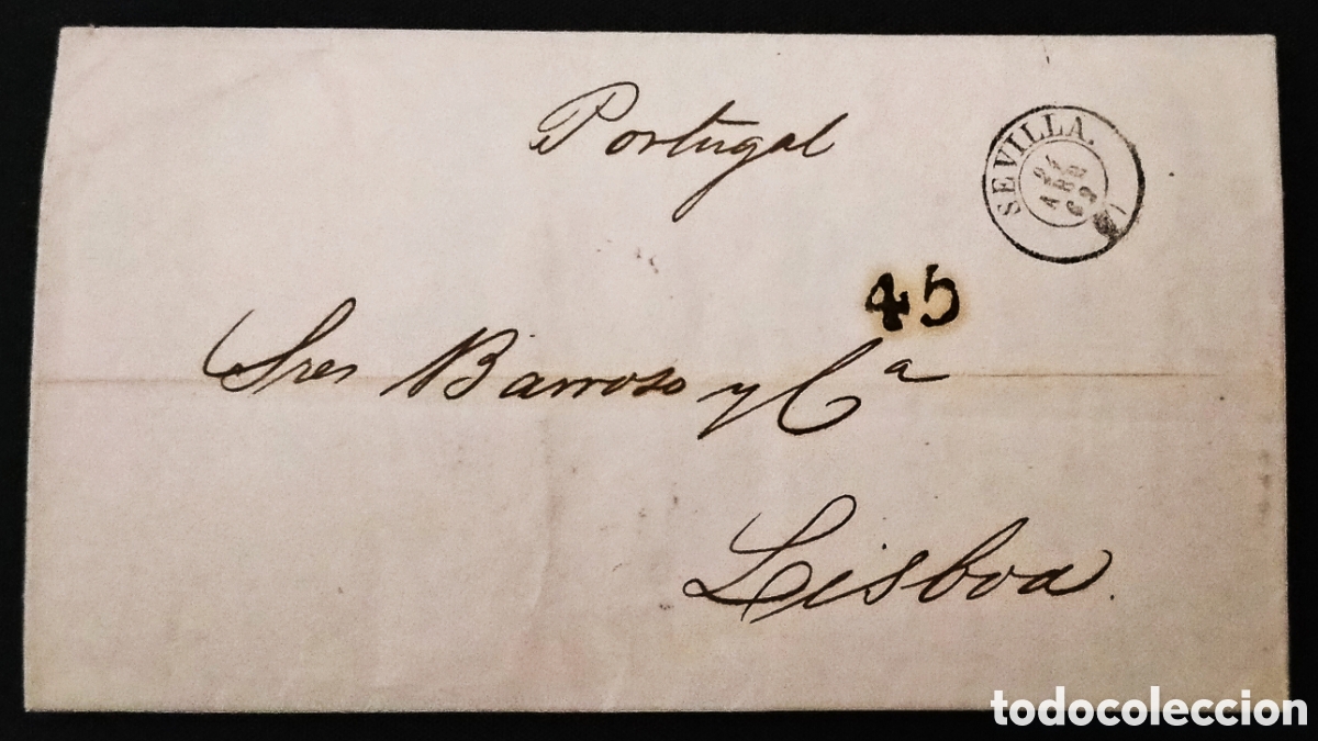 Sellos: ESPA&Ntilde;A-PORTUGAL. 1862 (24 ABR.). Carta de SEVILLA a LISBOA (Portugal). ANTES DEL CONVENIO POSTAL
