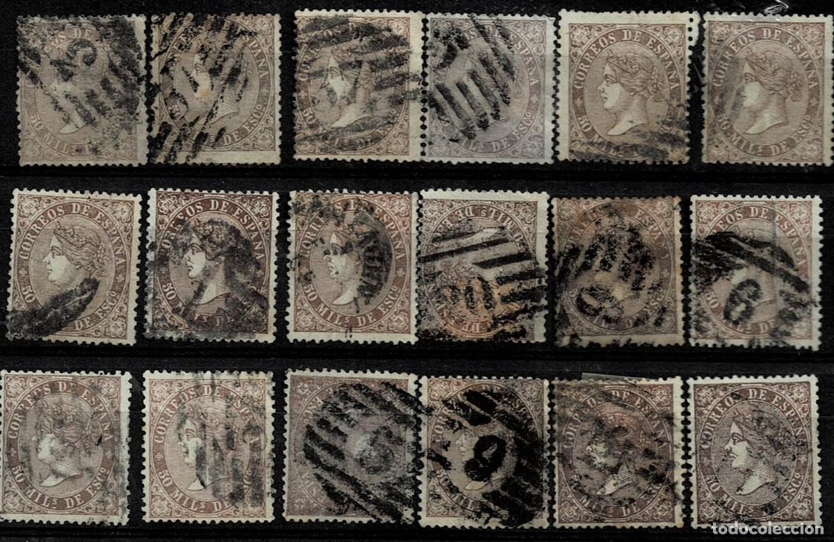 Timbres: 0027 ESP&Agrave;&Ntilde;A ISABEL II Edifil n&ordm; 98 Conjunto de 18 ejemplares con matasellos PARRILLA NEGRA Ver