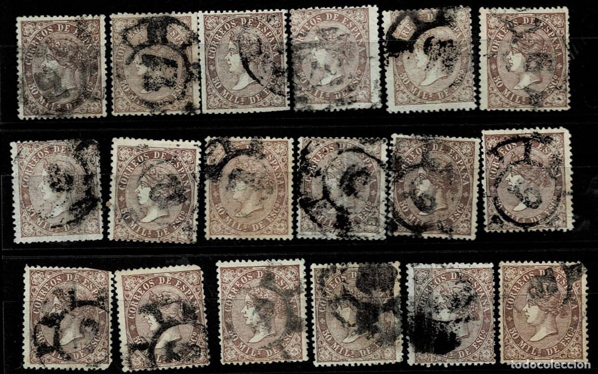 Timbres: 0027 ESP&Agrave;&Ntilde;A ISABEL II Edifil n&ordm; 98 Conjunto de 18 ejemplares con matasellos RUEDA DE CARRETA Ver