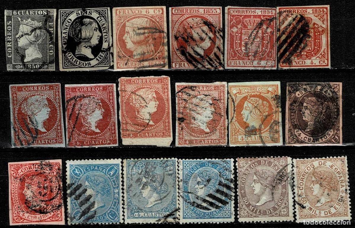 Timbres: 4C-1 ESPA&Ntilde;A Isabel II !8 ejemplares, todos diferentes, Usados VER