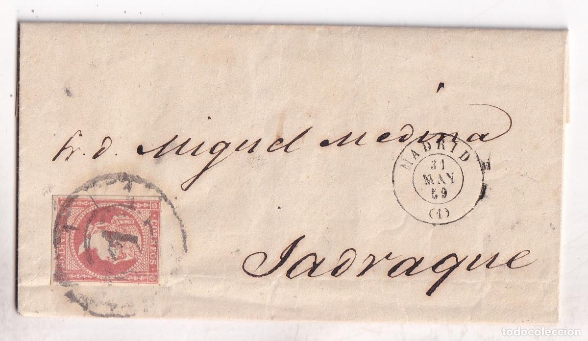 Sellos: CIRCULAR SOCIEDAD ALCARRE&Ntilde;A. MINA RESTAURADA. 1859. MADRID A JADRAQUE. GUADALAJARA. RUEDA DE CARRETA
