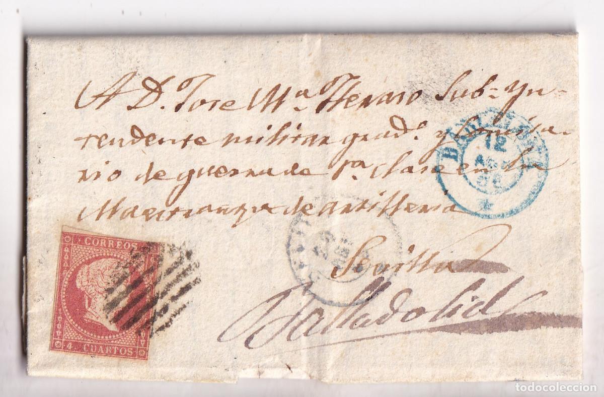 Sellos: CARTA ENTERA. GRACIA. BARCELONA. AL INTENDENTE MILITAR. 1856. A SEVILLA Y LUEGO VALLADOLID