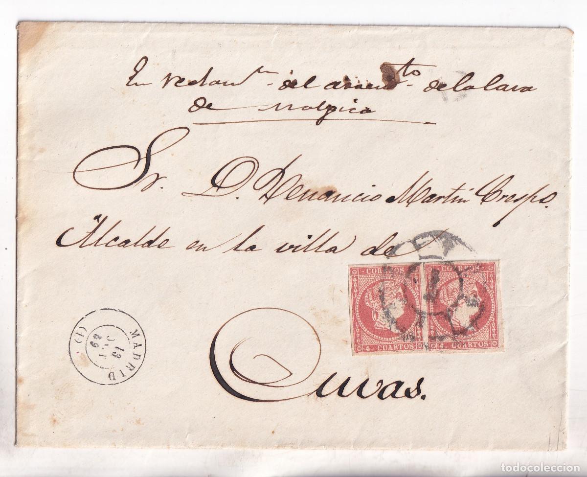 Sellos: SOBRE. MADRID. RUEDA DE CARRETA. 1859. AL ALCALDE DE CUBAS DE LA SAGRA. PAREJA 4 CUARTOS