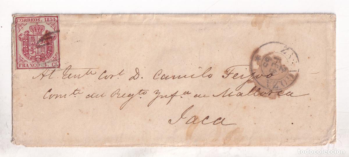 Sellos: SOBRE. ZARAGOZA AL TTE. CORONEL DE JACA, CAMILO FEIJOO. 1855