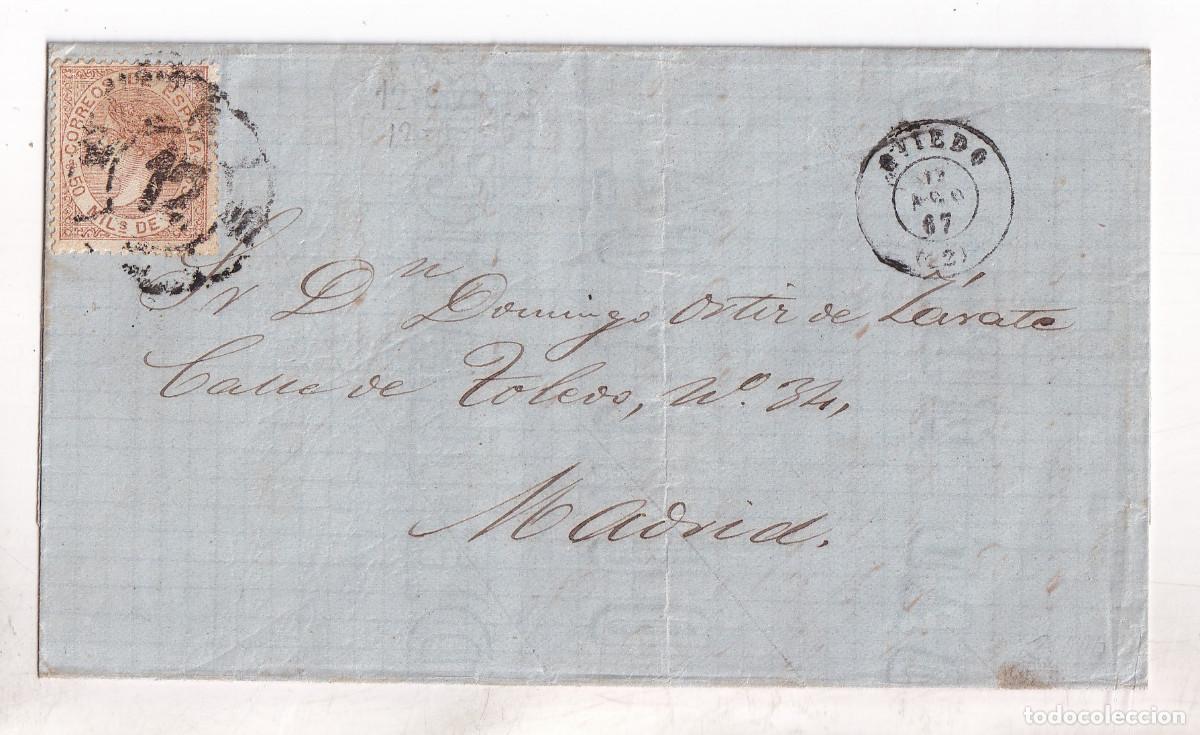Sellos: CARTA ENTERA. LA FELGUERA. 1867. DURO Y C&Iacute;A. ASTURIAS. RUEDA DE CARRETA. OVIEDO A MADRID