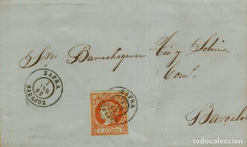 Sellos: FA0873-7. HISTORIA POSTAL. 1862, 7 de marzo. Zafra a Barcelona