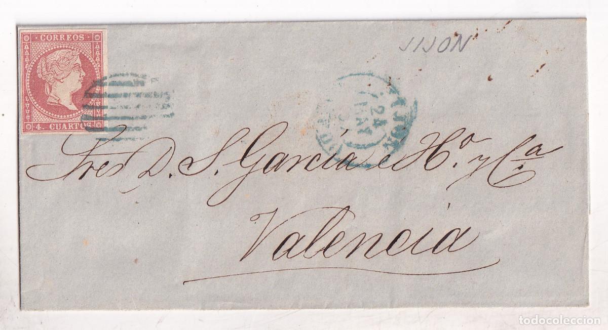 Sellos: ENVUELTA. GIJ&Oacute;N. ASTURIAS. 1857. A VALENCIA. FECHADOR Y PARRILLA AZUL