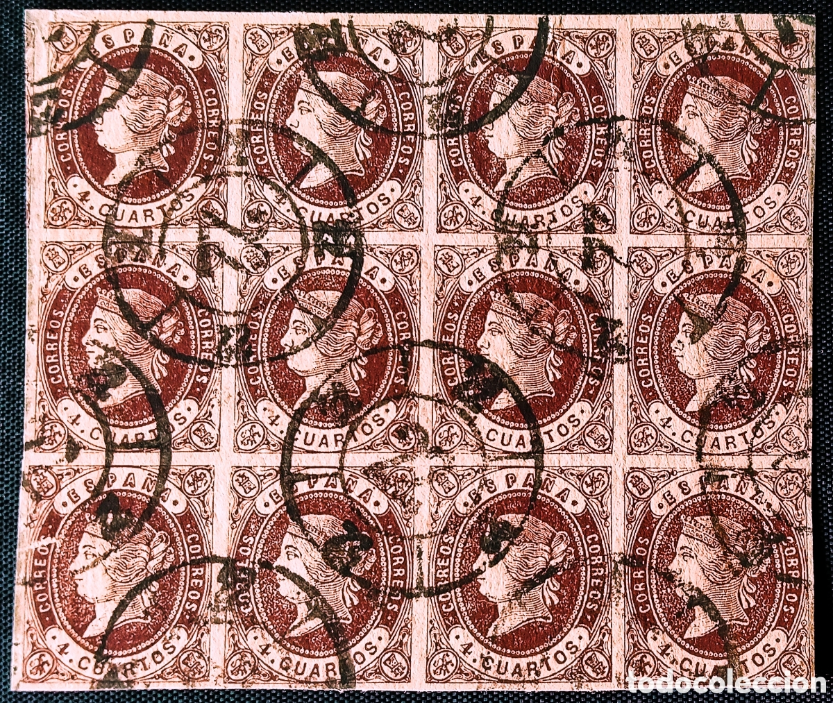 Sellos: ESPA&Ntilde;A (Cat. 58A. T. II (12)). o 4 Ctos. BLOQUE de 12 SELLOS. Mat. RUEDA de CARRETA n&deg; 22 de C&Aacute;CERES