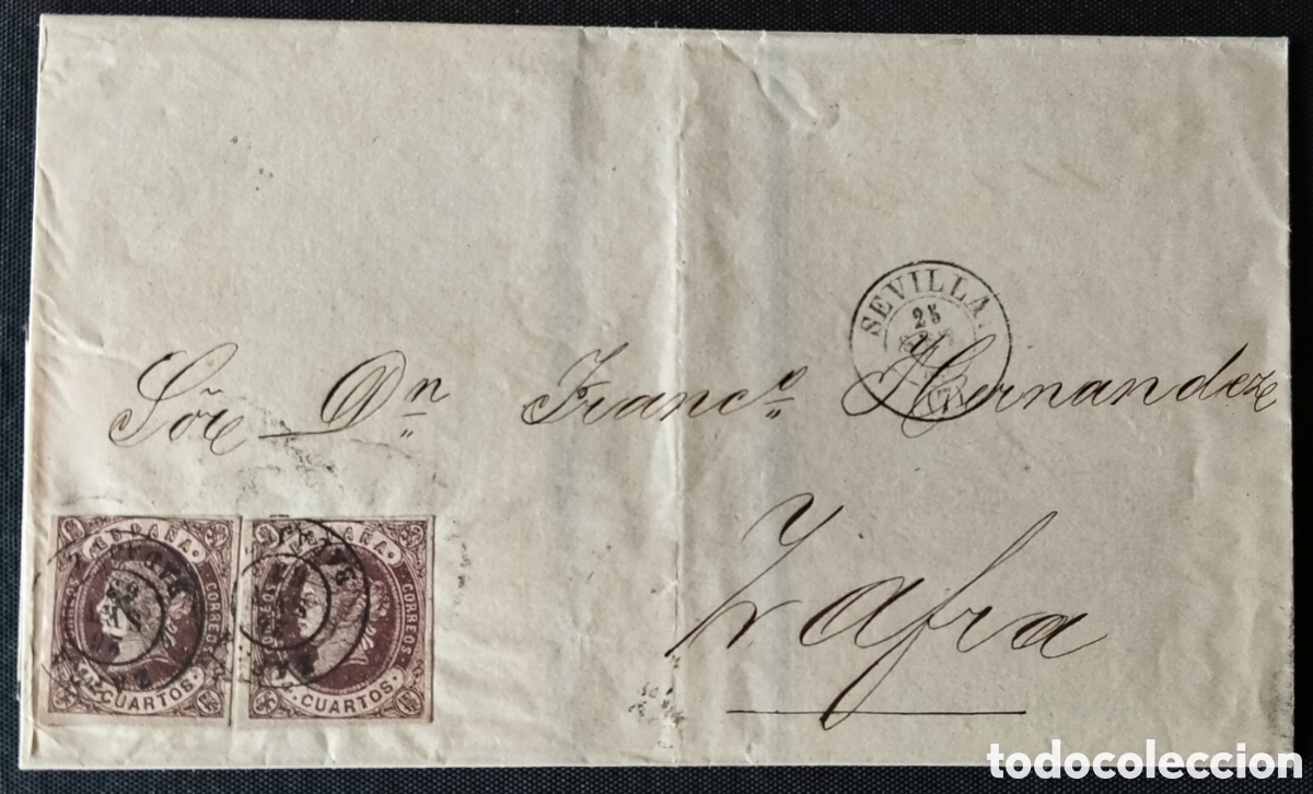 Sellos: ESPA&Ntilde;A. (Cat. 58A. T. II (2)). 1862. SEVILLA a ZAFRA. DOS SELLOS 4 CTOS. Mat. SUPLENTE de ZAFRA. RR