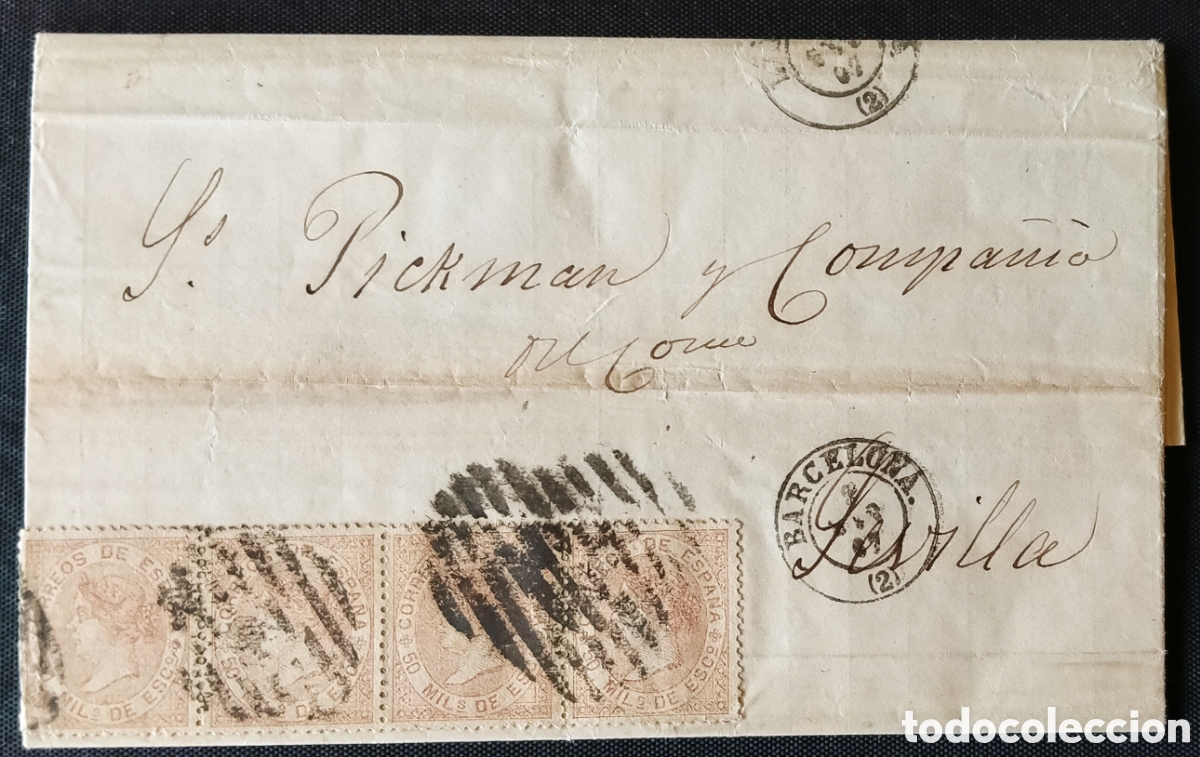 Sellos: ESPA&Ntilde;A. (Cat. 96 (4)). 1867. Carta de BARCELONA a SEVILLA. FRANQUEO con TIRA de 4 SELLOS. RR