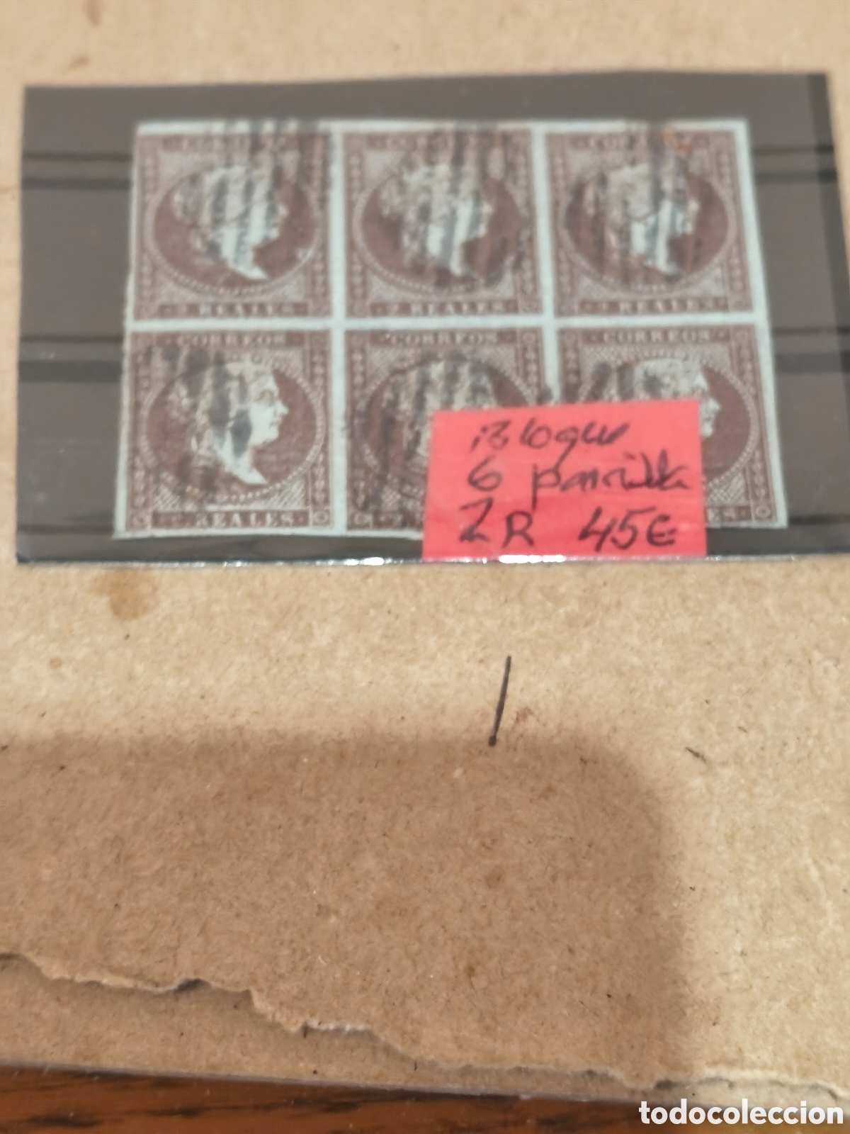 Selos: Bloque de 6 sellos cl&aacute;sicos de Espa&ntilde;a del n 42 muy escaso papel azulado 2:reales granate ,parrilla v