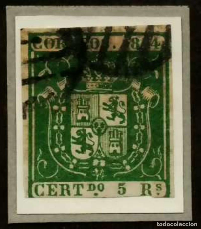 Sellos: FA2095. Emisi&oacute;n 1-1-1854. Valor 5 reales verde cancelado con parrilla