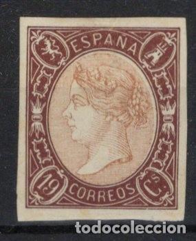 Briefmarken: Sellos Espa&ntilde;a a&ntilde;o 1865 EDIFIL 71P 19 cuartos prueba color casta&ntilde;o