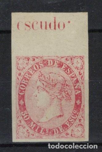 Selos: Sellos Espa&ntilde;a a&ntilde;o 1867/68 ISABEL II ensayo de plancha GALVEZ 457 rosa v.c. 200 &euro;