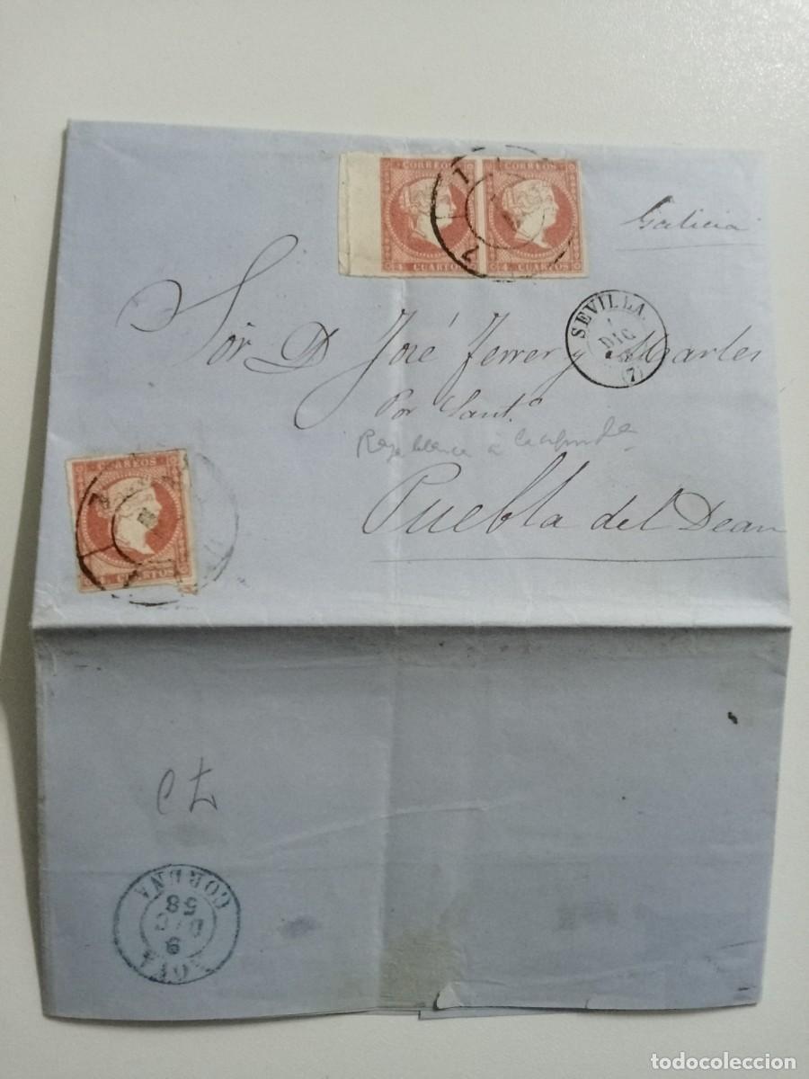 Sellos: CARTA CIRCULADA DE PUEBLA DEL DE&Aacute;N, (LA CORU&Ntilde;A) A SEVILLA, A&Ntilde;O 1858, TRES SELLOS EDIFIL 44 ISABEL II