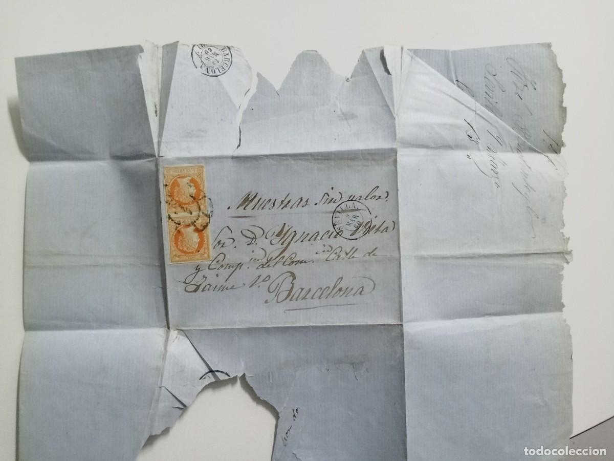 Sellos: CARTA CIRCULADA DE SEVILLA A BARCELONA, A&Ntilde;O 1860, MATASELLO DE CARRETA SEVILLA, DOS SELLOS EDIFIL 52
