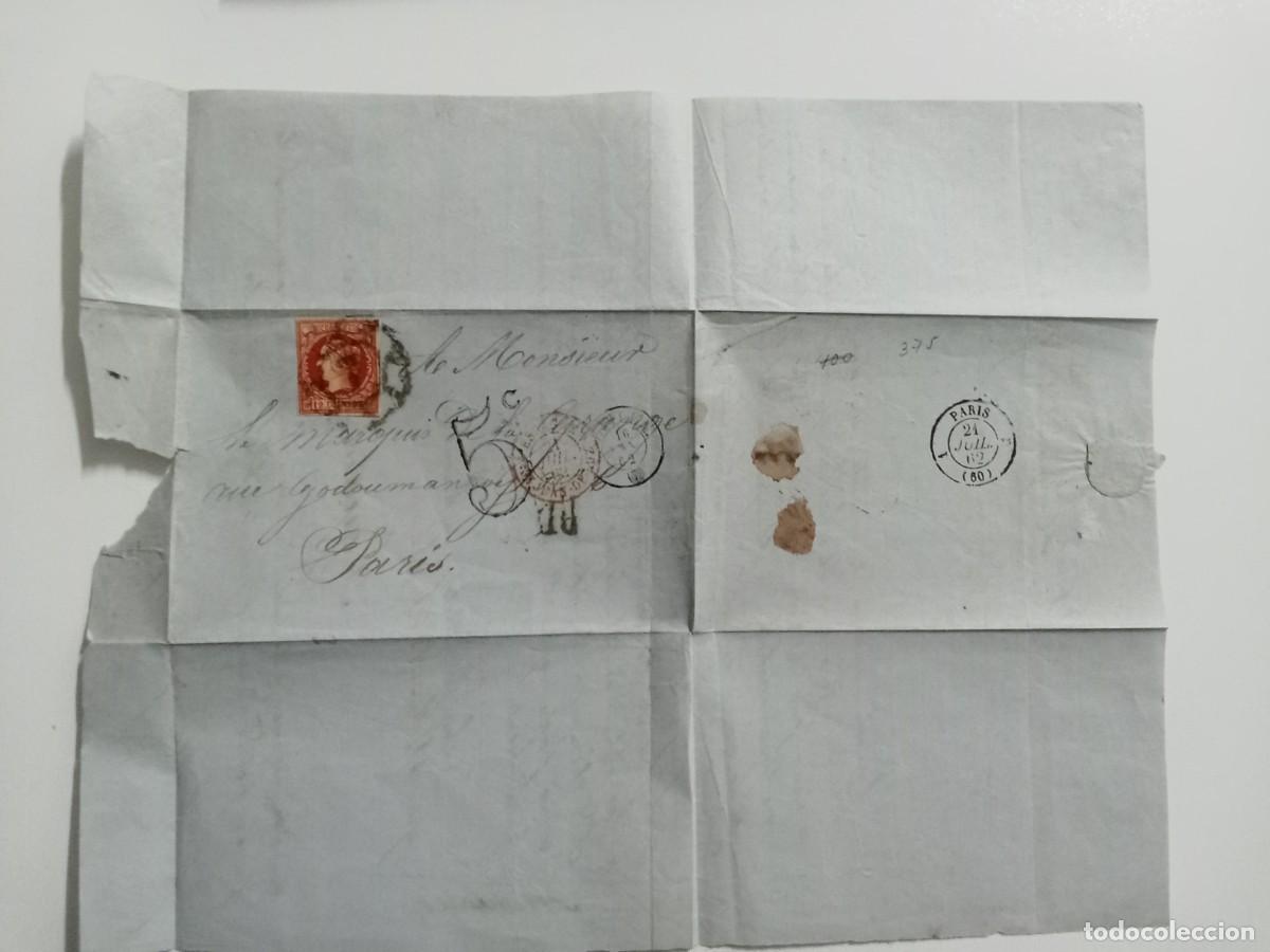 Sellos: CARTA CIRCULADA DE SEVILLA A PARIS, A&Ntilde;O 1852, SE EDIFIL 53, ISABEL II. MATASELLO R.CARRETA N&ordm;7SEVILL
