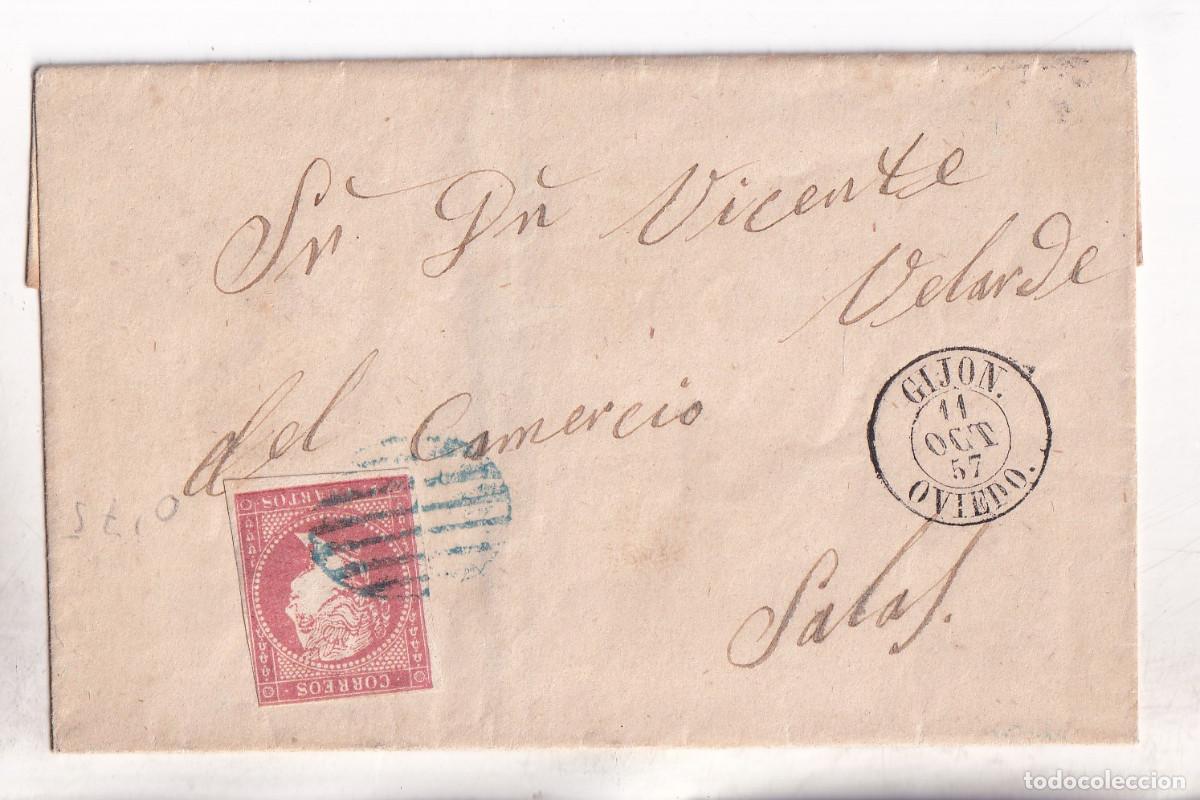 Sellos: ENVUELTA. GIJ&Oacute;N. ASTURIAS. 1857. A SALAS. PARRILLA AZUL