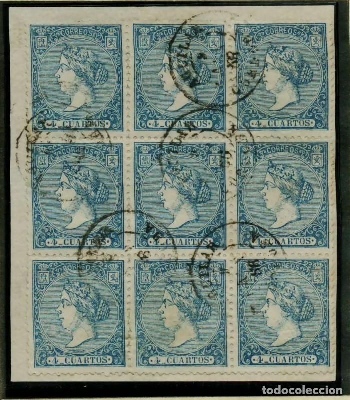 Sellos: FA2588. Emision 1-01-1866. Bloque de 9 Valores de 4 cuartos cancelados con fechador de Aguilar
