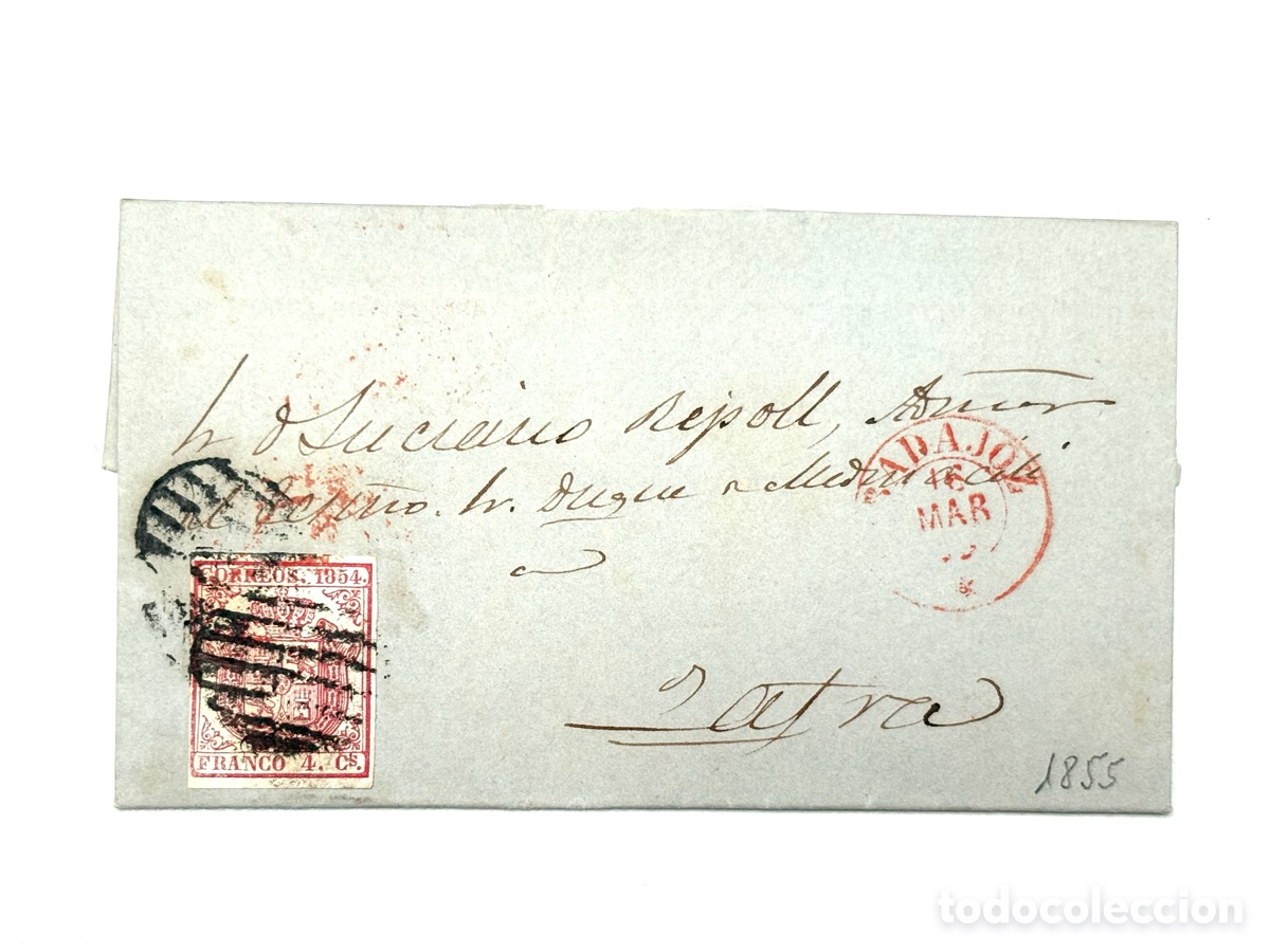 Stamps: 1855. Carta Completa de Badajoz a Zafra. Sello Escudo de Espa&ntilde;a 4Cs Carm&iacute;n (Edifil 32). Texto filate