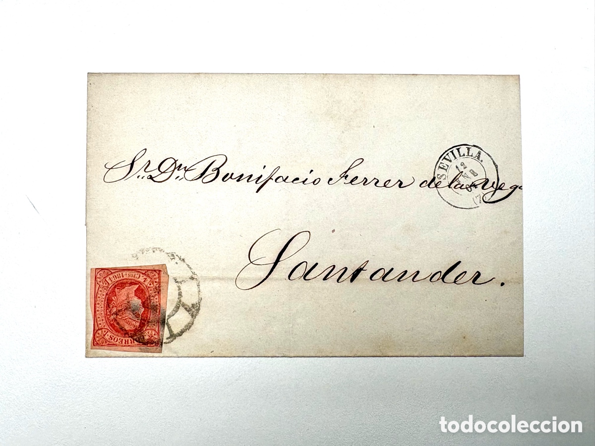 Stamps: 1864. Frente de carta comercial de Sevilla a Santander. Sello Edifil 64. Banquero Bonifacio Ferrer.