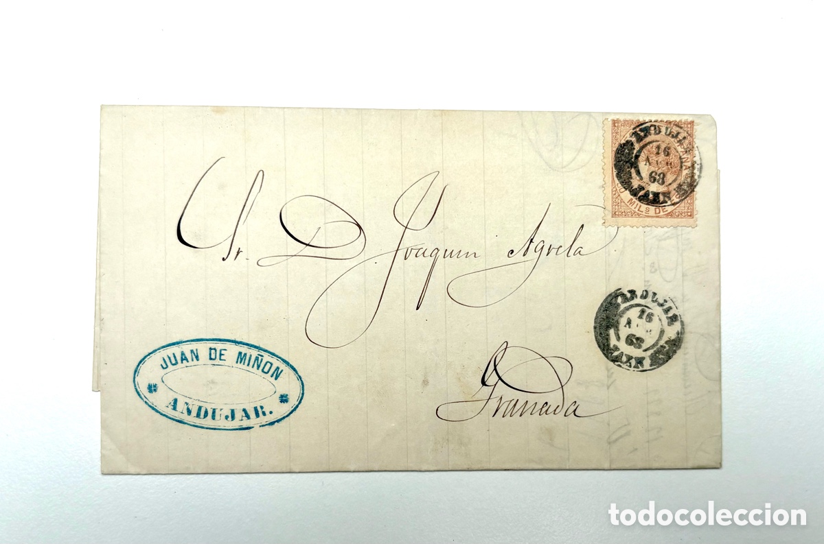 Stamps: 1868. Carta Completa de And&uacute;jar a Granada. Sello Is. II 50 Mils. Mat. Fechador ABRIL. JUAN DE MI&Ntilde;ON