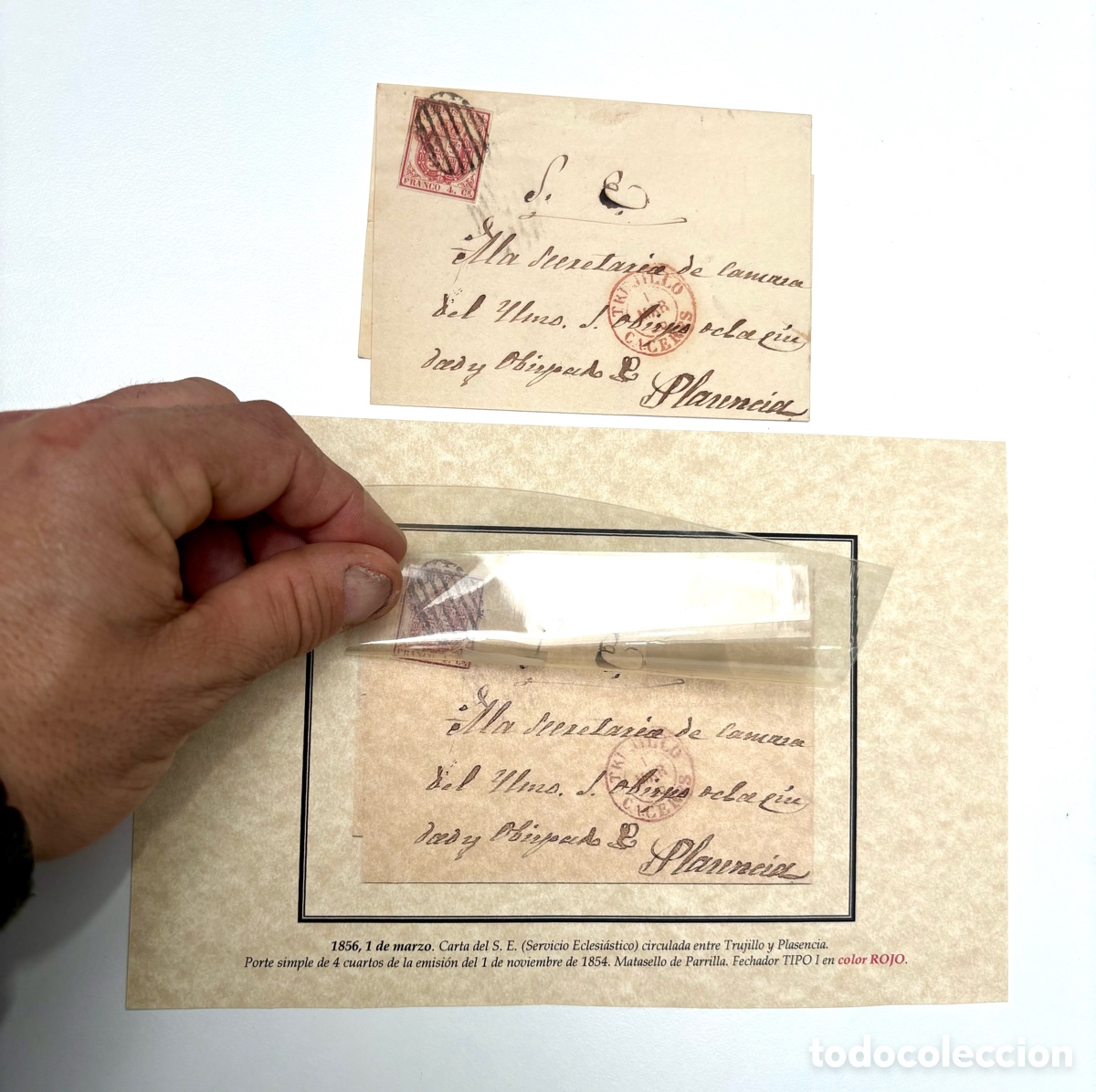 Timbres: 1856. Carta S.E. Trujillo a Plasencia. Edifil 33. Baeza Rojo. Montada en Hoja Exposici&oacute;n fondo gu&iacute;a