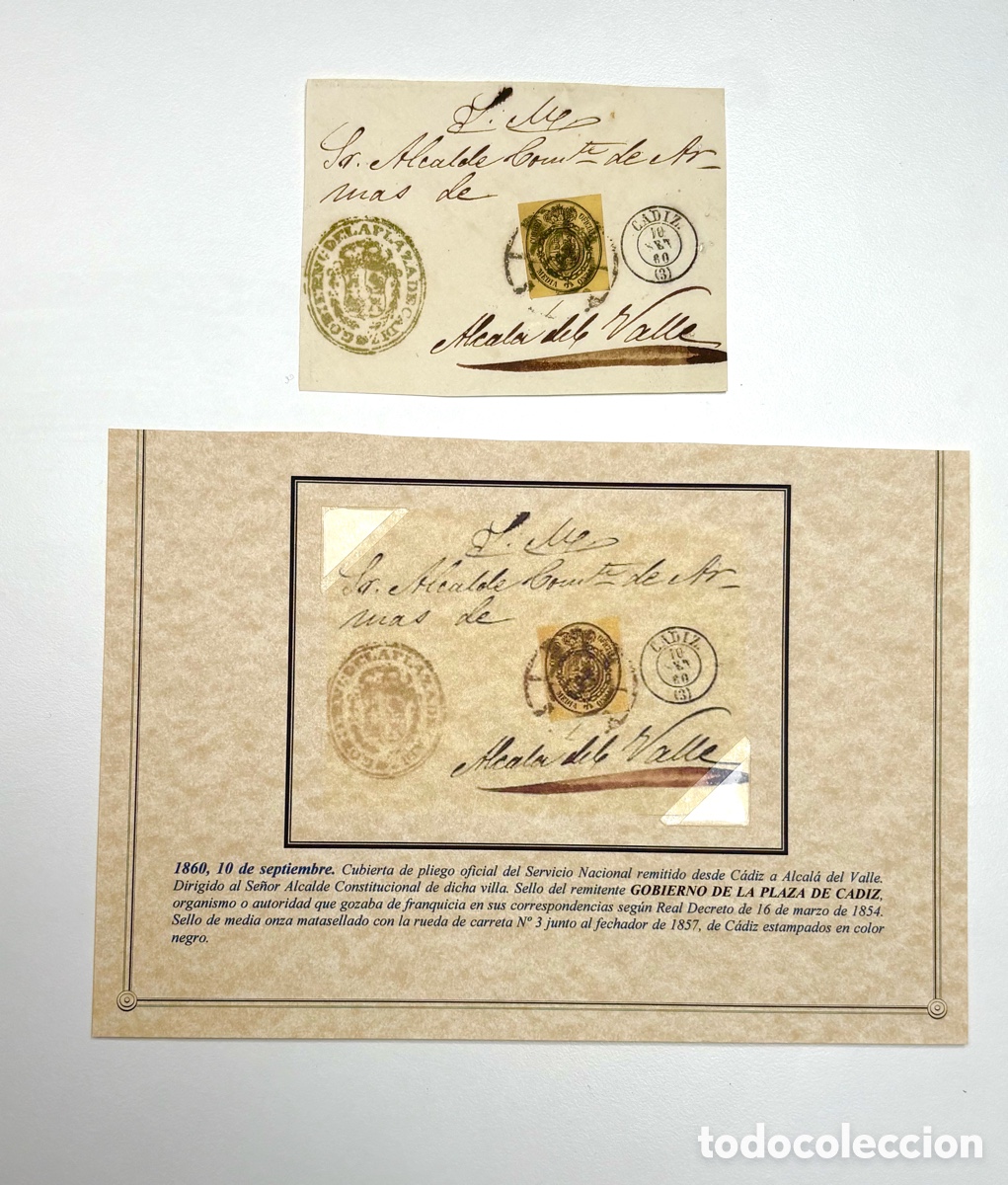 Timbres: 1860. Pliego C&aacute;diz a Alcal&aacute; con Sello Oficial en Ficha de Exposici&oacute;n. Triple marca postal