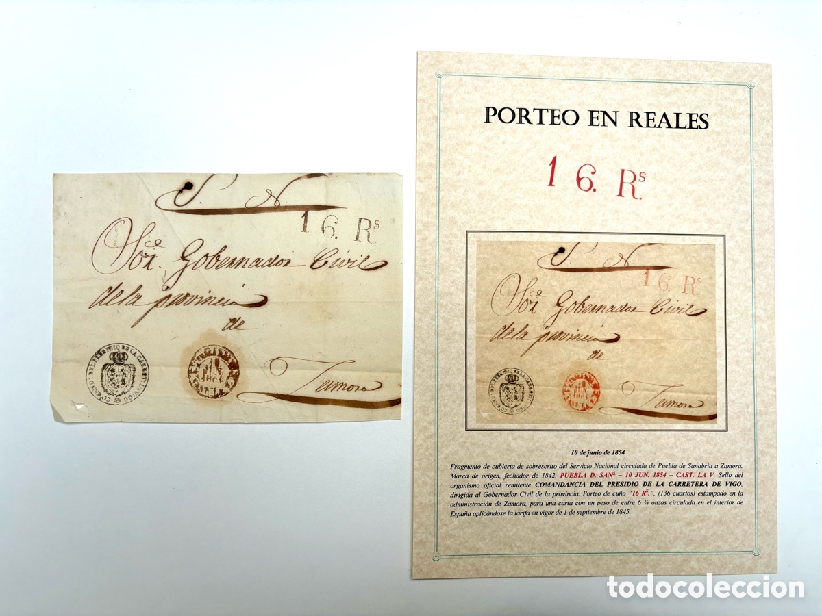 Timbres: Cubierta Postal de 1854 con Porteo de 16 Reales de Puebla de Sanabria. Ficha t&eacute;cnica de exposici&oacute;n