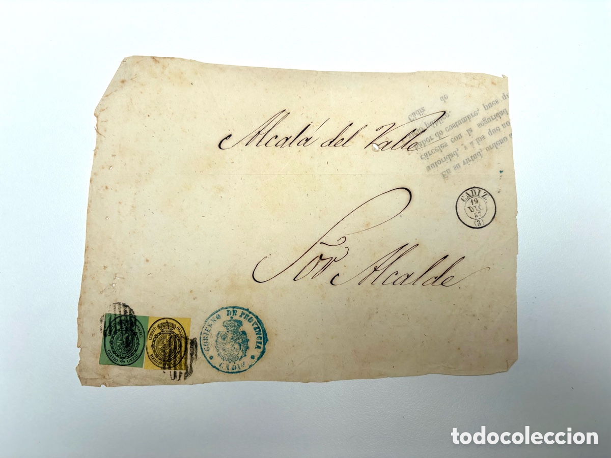 Timbres: Pliego oficial del Gobernador Civil de C&aacute;diz al Alcalde de Alcal&aacute; del Valle (1887)