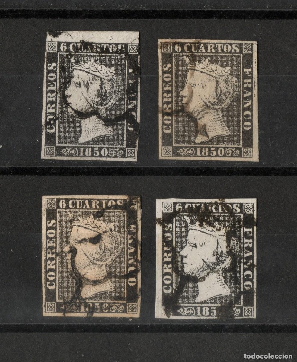 Sellos: 1850 6 cuartos N&ordm; 1 Isabel II Plancha I tipos 5-12-16-19 Lote 4 sellos