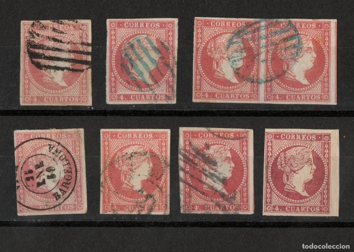 Briefmarken: 1855 48 y 48C Isabel II Lote varios y Parrilla azul Lote 8 sellos