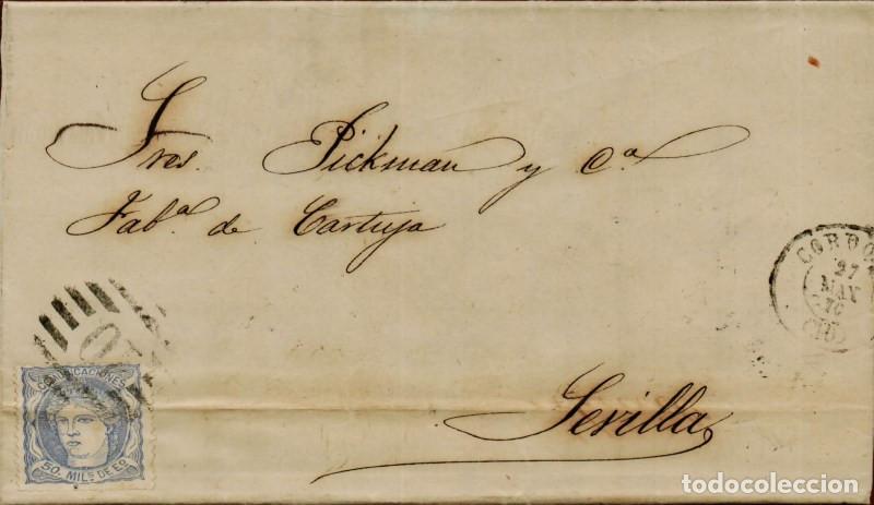 Sellos: FA3713. HISTORIA POSTAL. 1870, Cordoba a Sevilla, cancelado con Parrilla con Cifra 10 LUJO